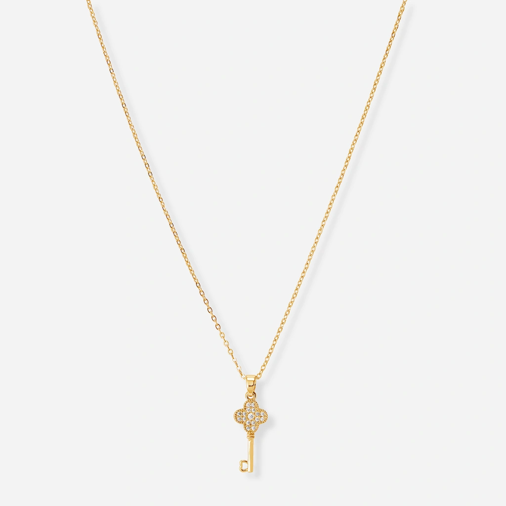 Guldfärgat halsband, nyckel & fyrklöver - 42+7 cm