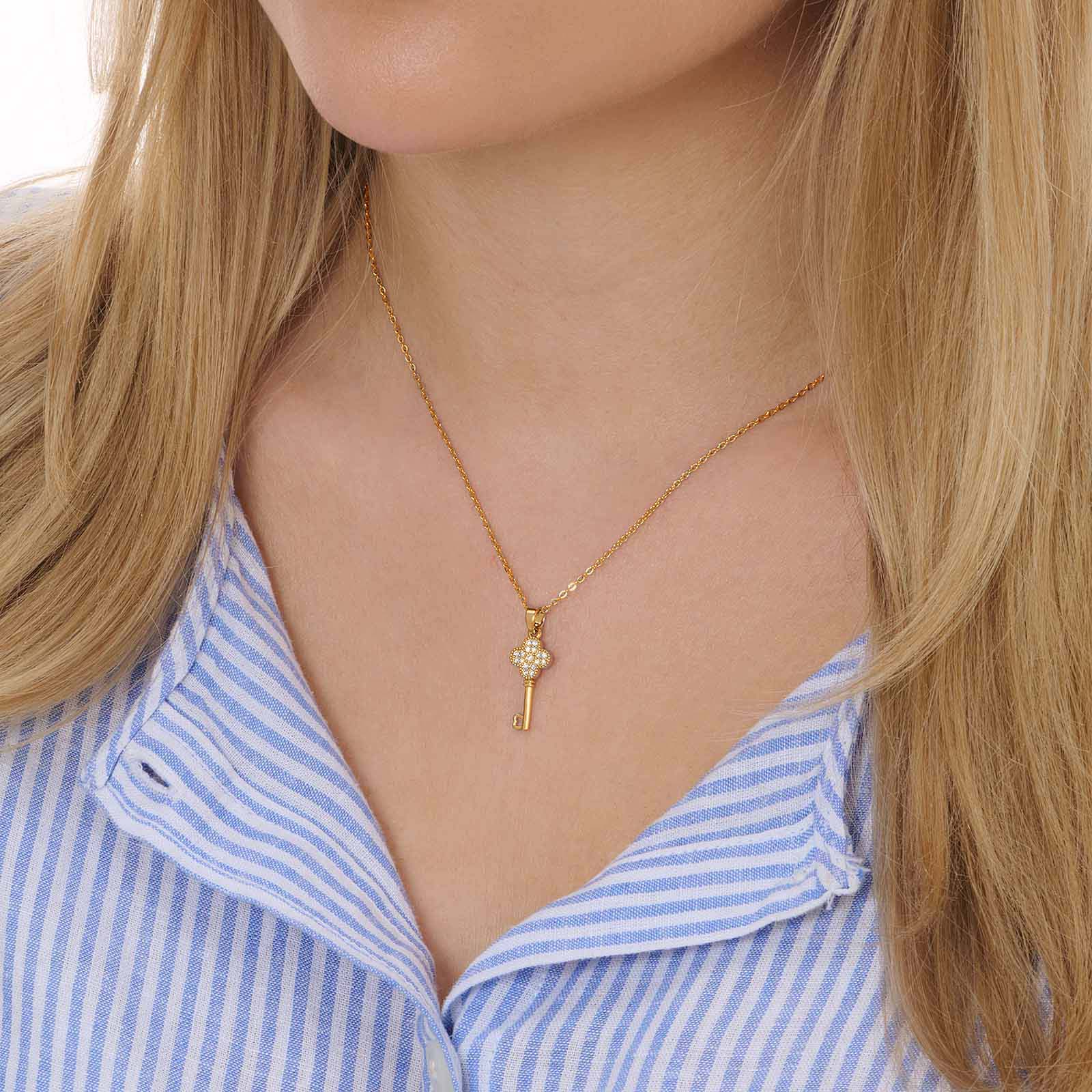 Guldfärgat halsband, nyckel & fyrklöver - 42+7 cm