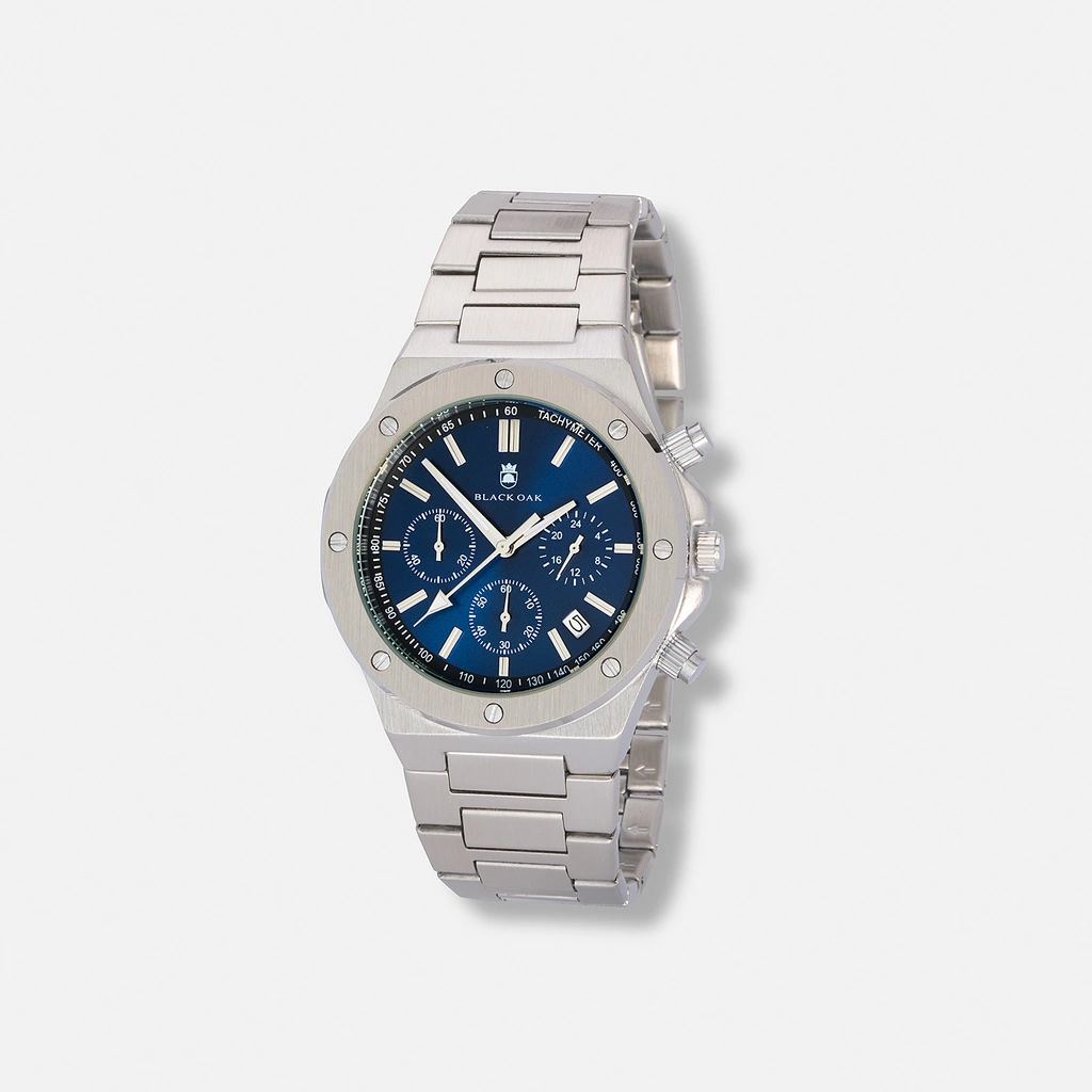 Black Oak Master Chrono metallband silver/blå - 42 mm