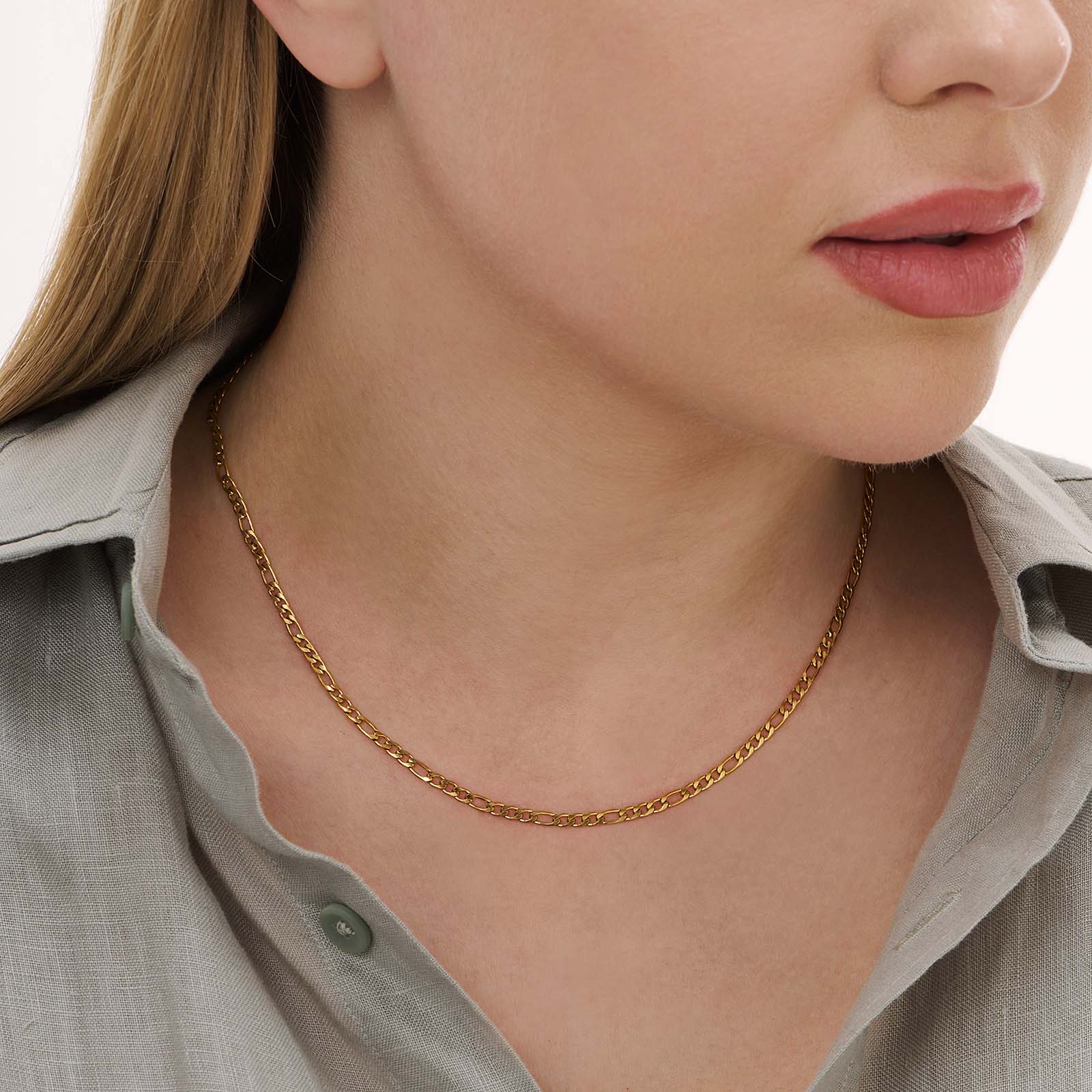 Guldpläterat stålhalsband figarolänk 3mm - 55+5cm
