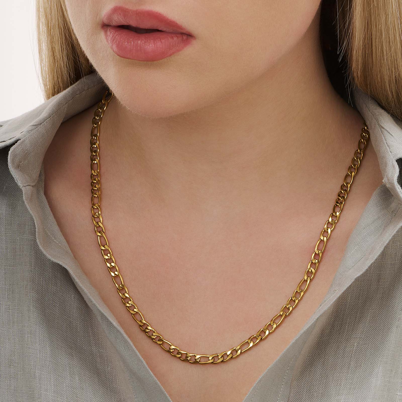 Guldpläterat stålhalsband figarolänk 5mm