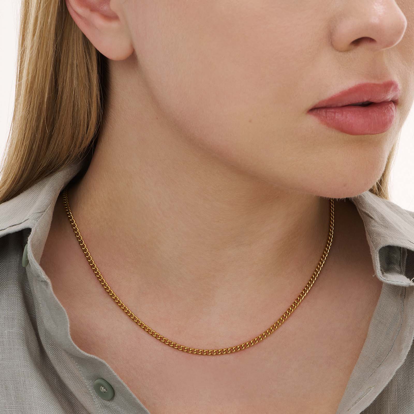 Guldpläterat stålhalsband pansarlänk 3mm