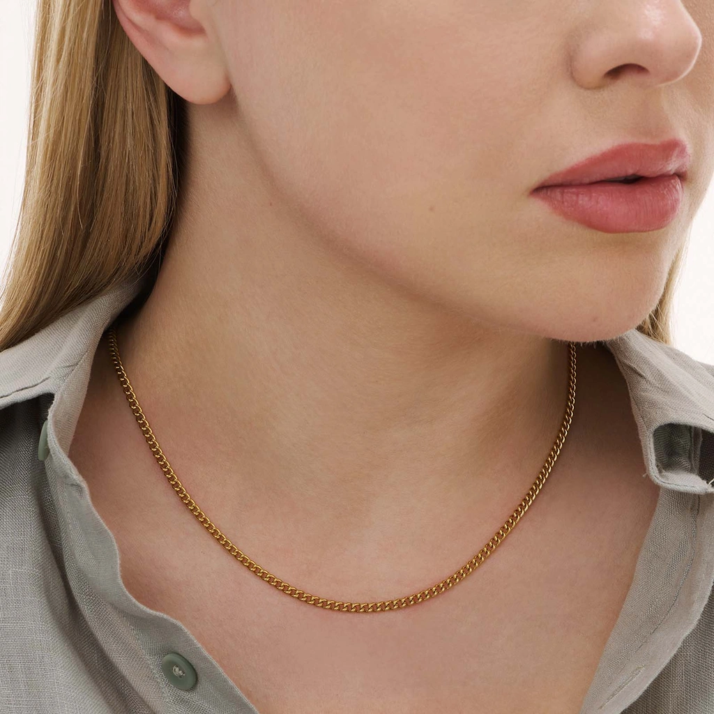 Guldpläterat stålhalsband pansarlänk 3mm - 50+5cm