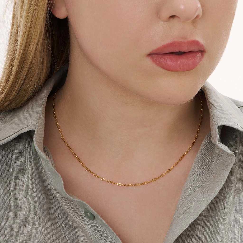 Guldpläterat stålhalsband Paperclip 2mm - 40+5cm