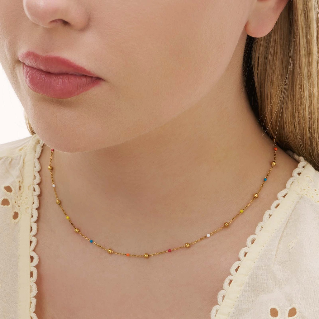 Guldpläterat stålhalsband med emaljkulor - 40+6 cm