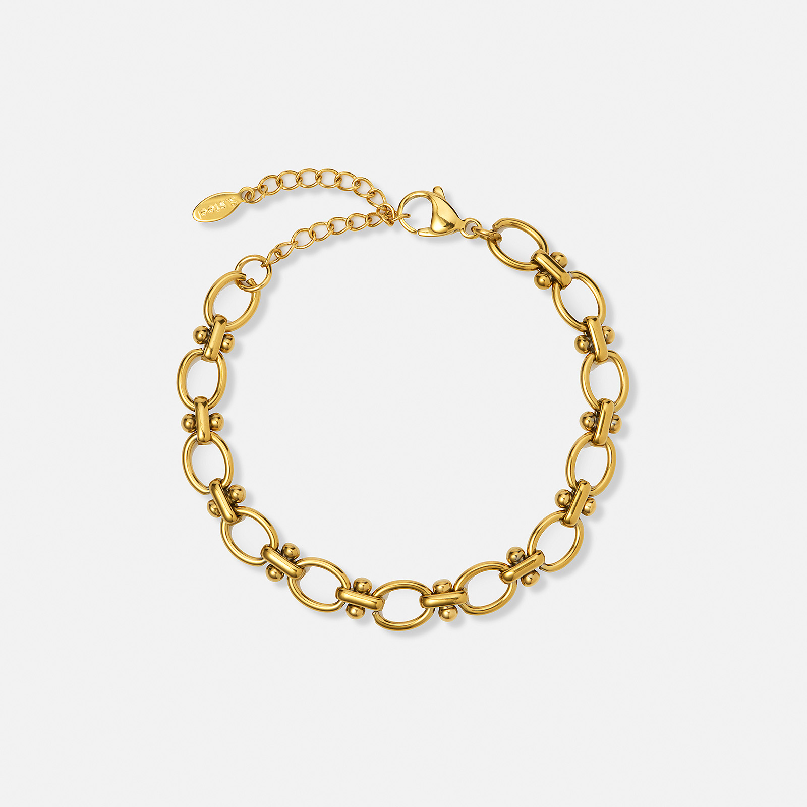 Guldpläterat stålarmband, länk med bollar - 16+5 cm