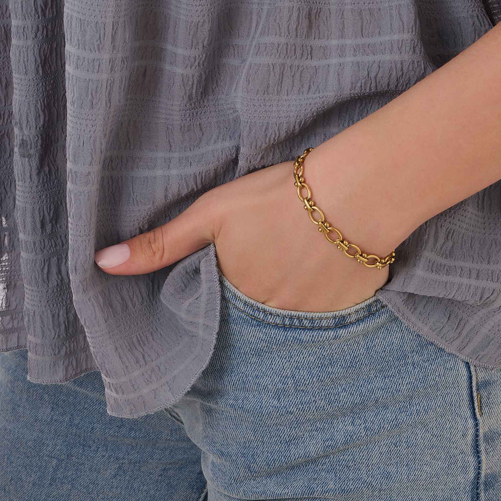 Guldpläterat stålarmband, länk med bollar - 16+5 cm