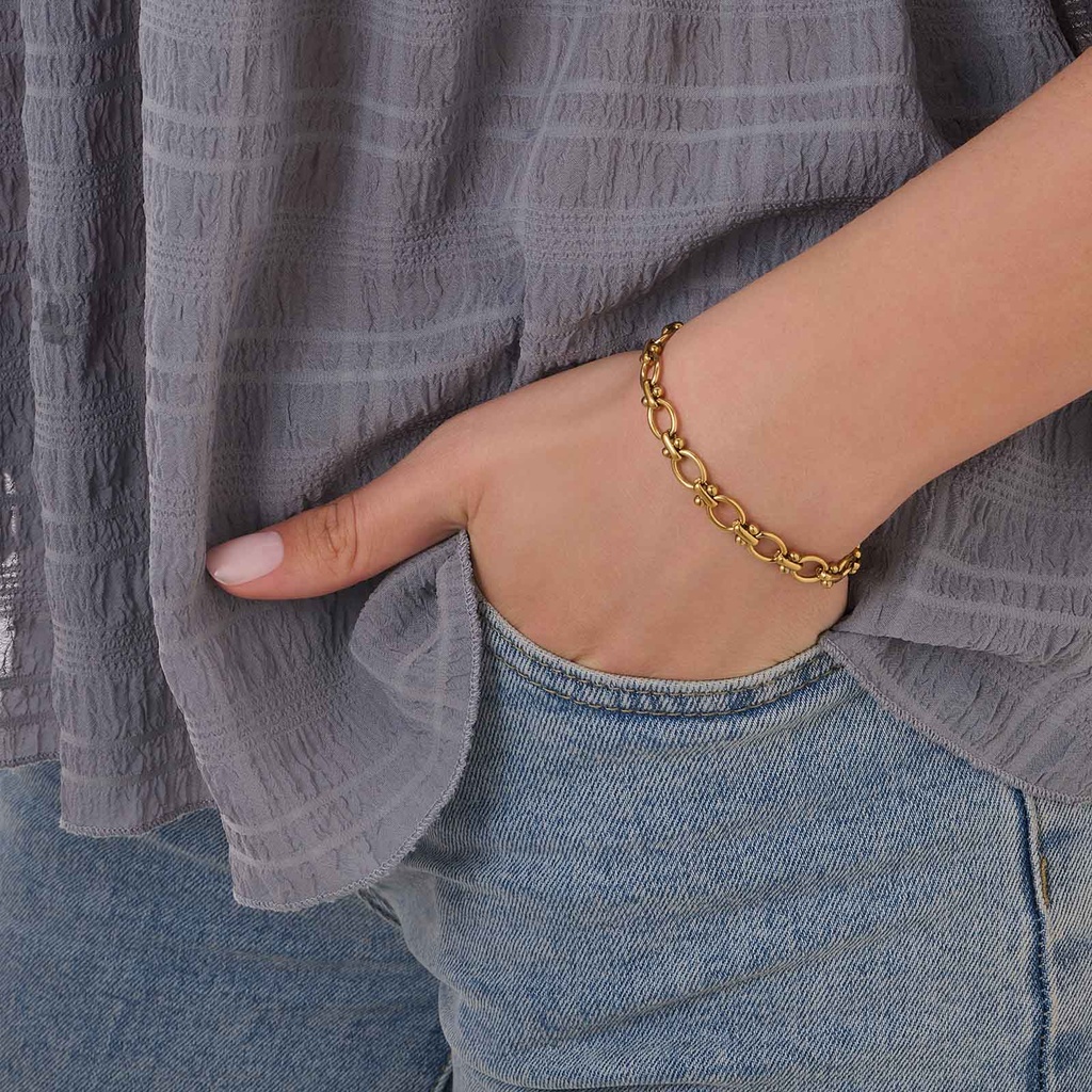 Guldpläterat stålarmband, länk med bollar - 16+5 cm