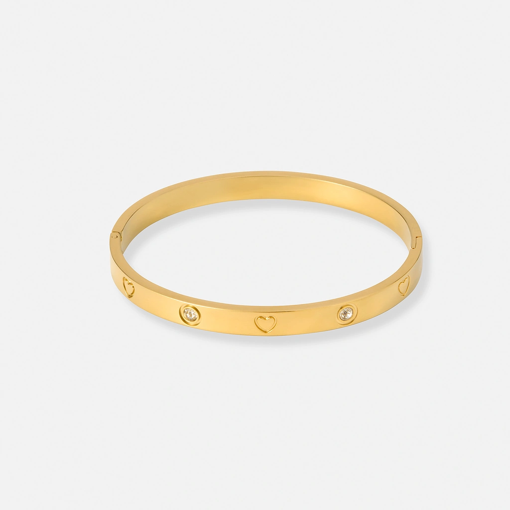 Guldpläterat stålarmband, bangle 6 mm med hjärtan
