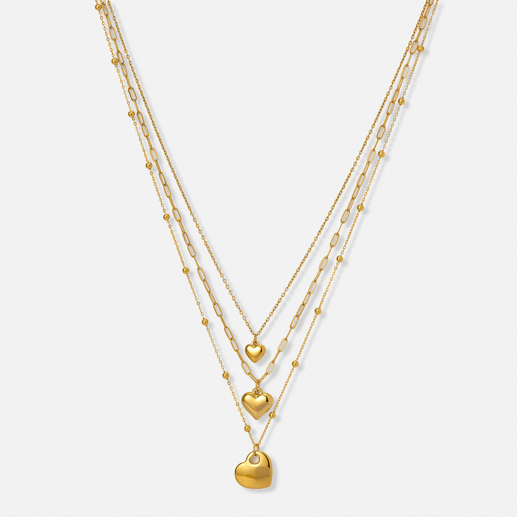 Guldpläterat stålhalsband, tre kedjor med hjärtan - 43-52 cm