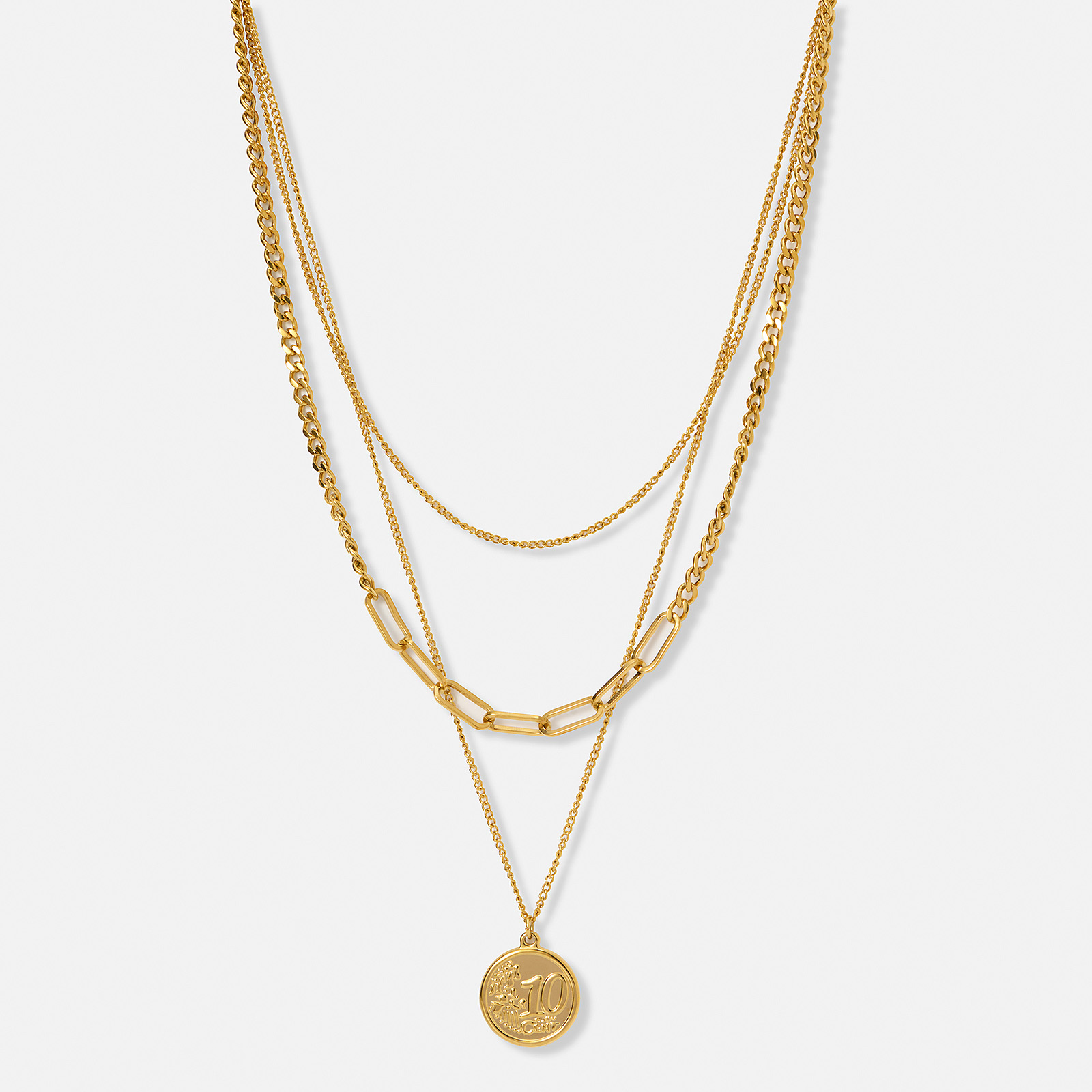 Guldpläterat stålhalsband, tre kedjor med mynt - 38-50 cm