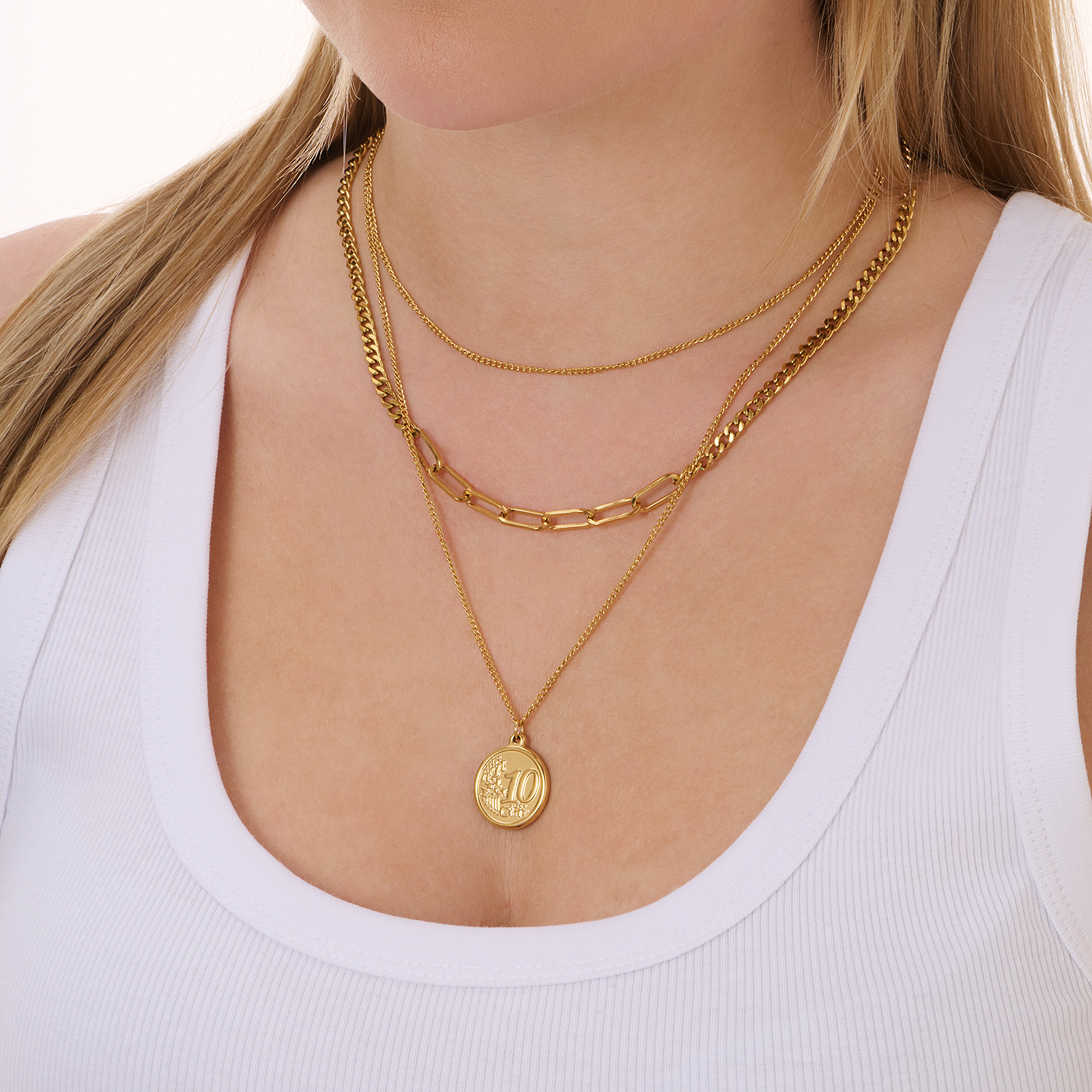 Guldpläterat stålhalsband, tre kedjor med mynt - 38-50 cm