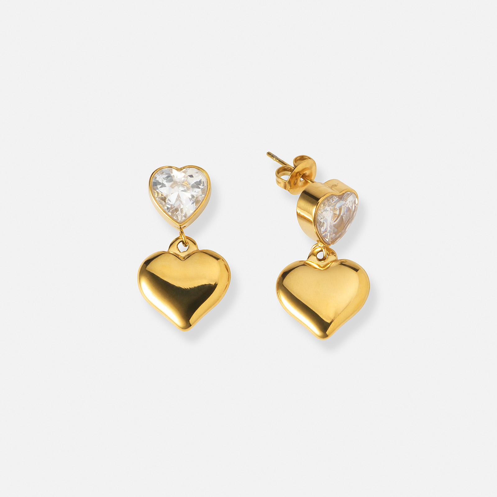 Guldpläterade stålörhängen Kubisk Zirkonia och hjärtan - 24x14  mm