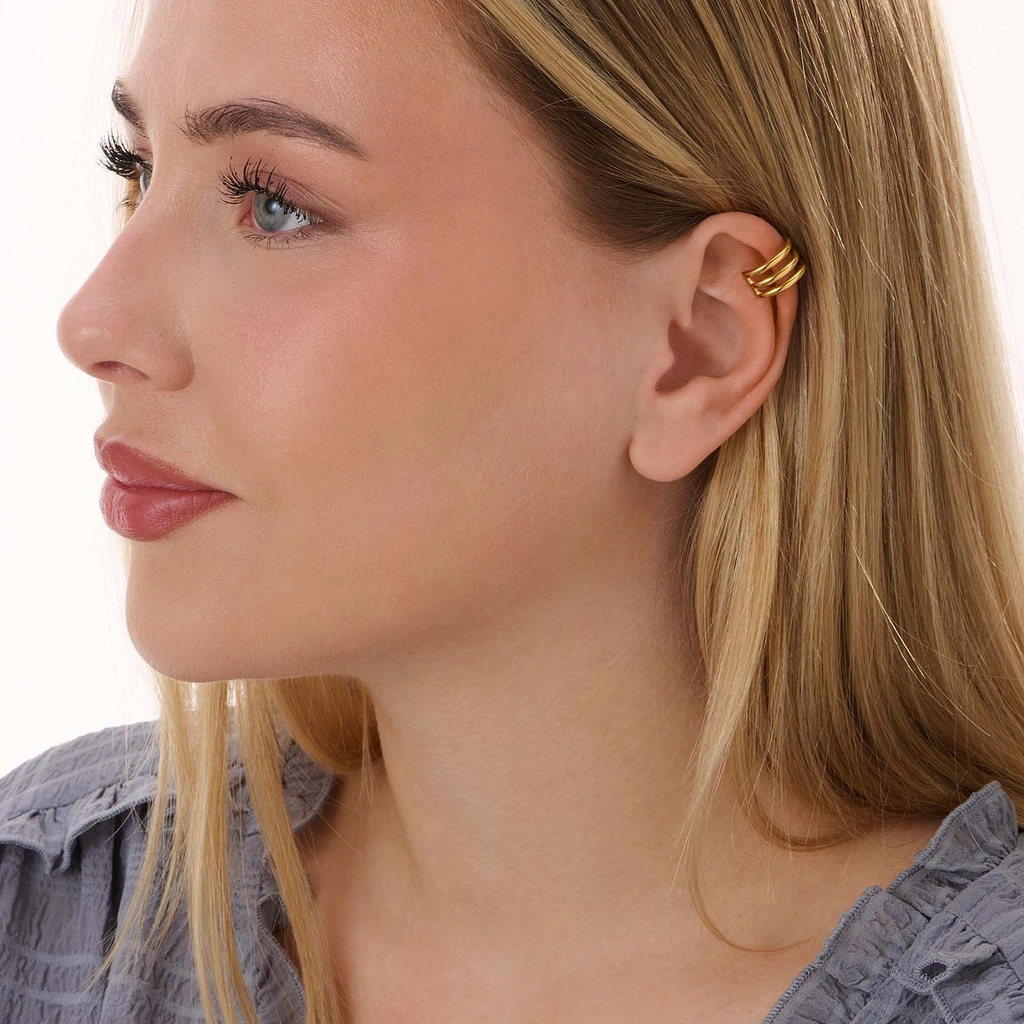 Guldpläterad ear cuff i stål, tre rader - 8  mm bred