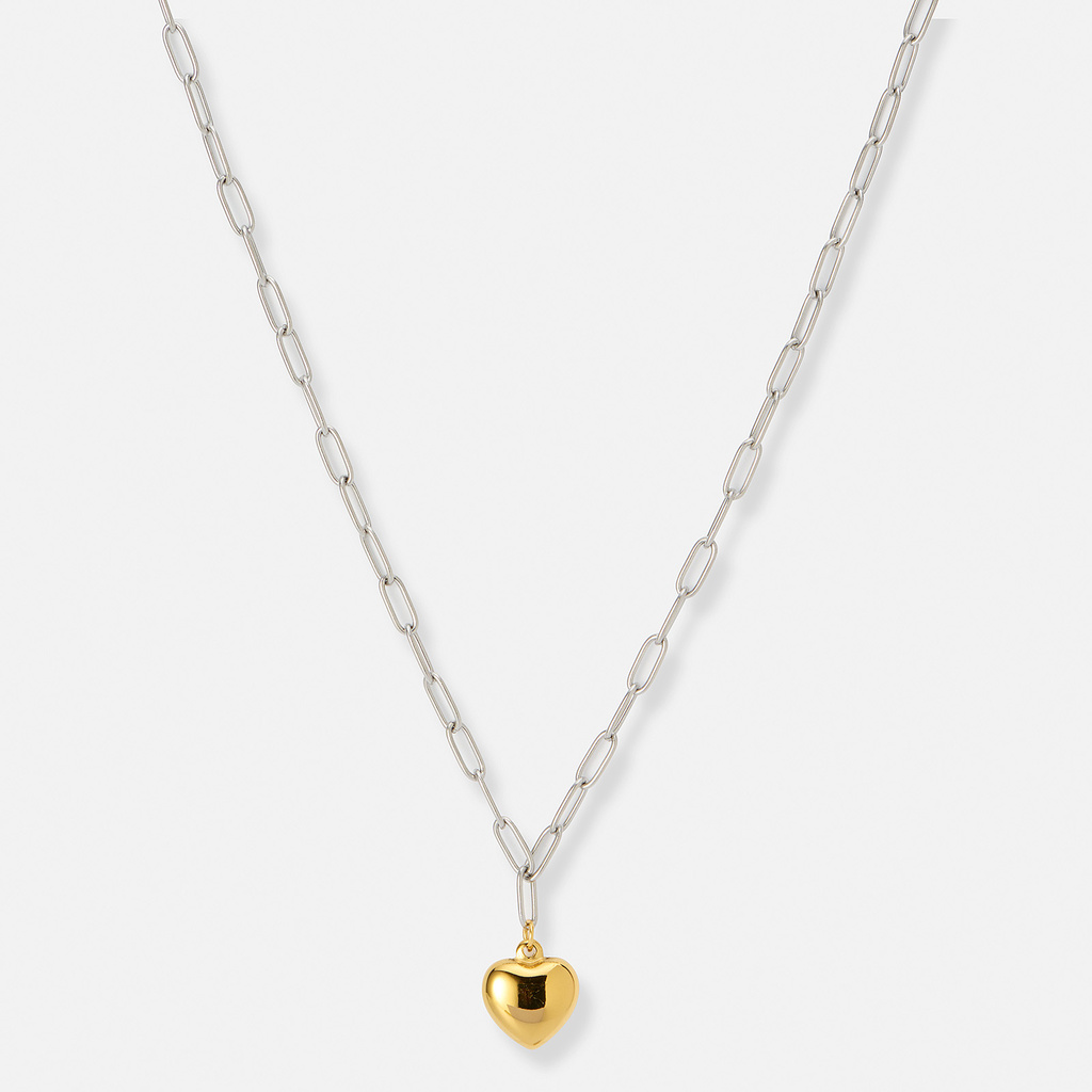 Stålhalsband med guldpläterat hjärta -  50 cm