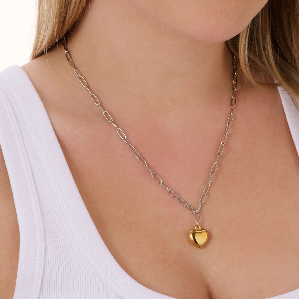 Stålhalsband med guldpläterat hjärta -  50 cm