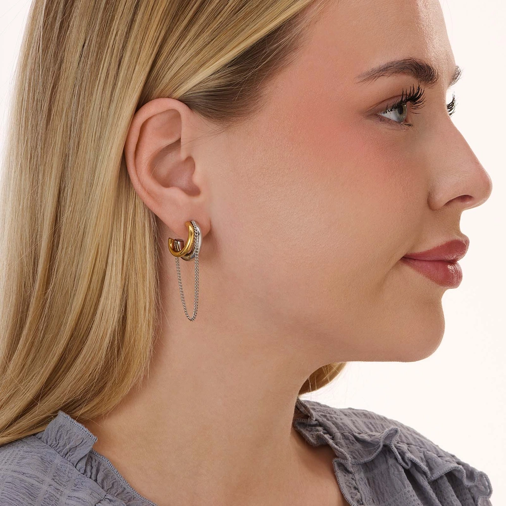 Bicolorfärgade stålörhängen, C-hoops med hängande kedja - 45  mm