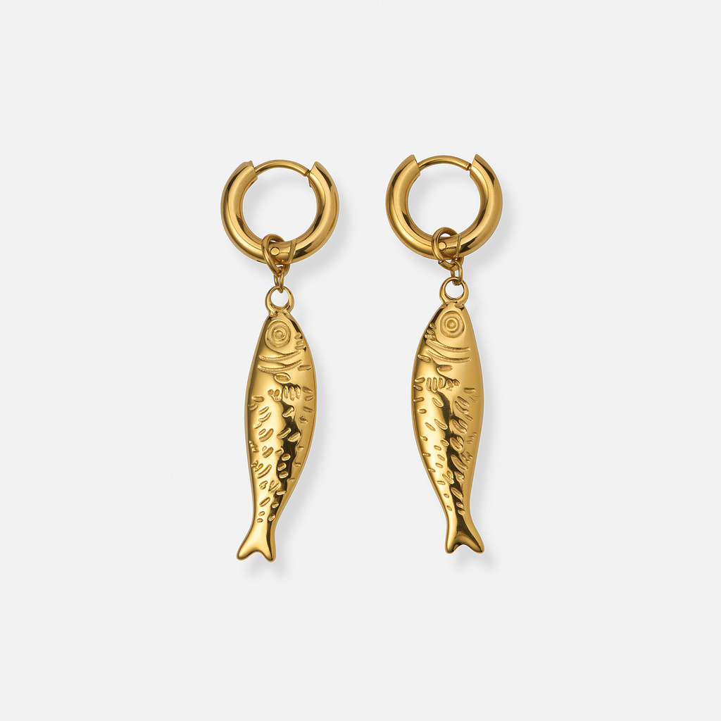 Guldfärgade stålörhängen, huggies med fiskar - 29x8  mm