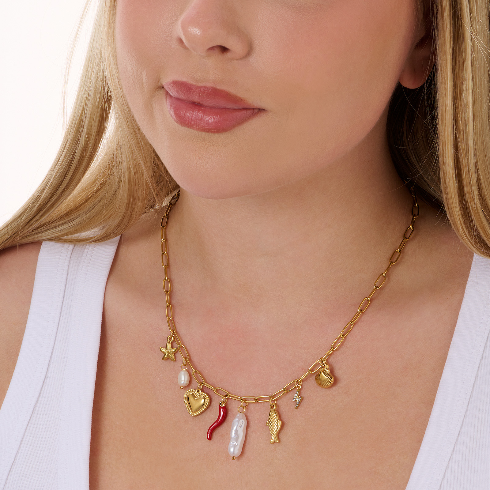 Guldpläterat stålhalsband, sjötema och symboler - 45+5cm