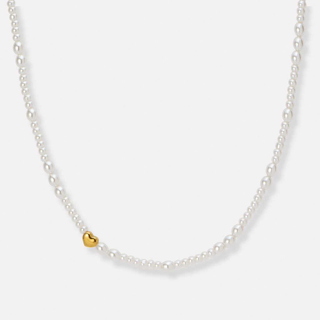 Pärlhalsband med guldpläterat stålhjärta - 40,5+5cm