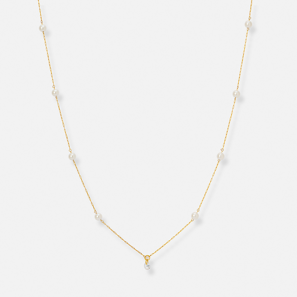 Guldpläterat stålhalsband, treradigt med pärlor - 40+5cm