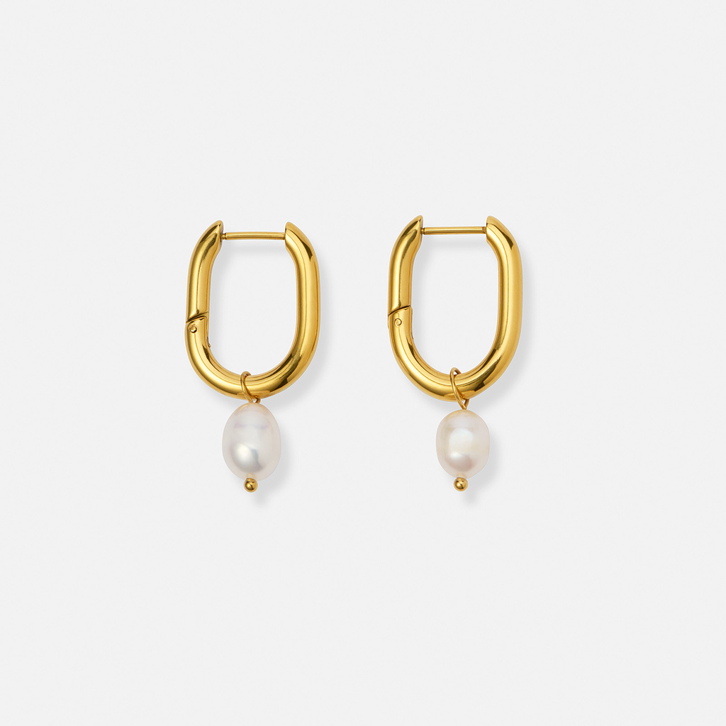 Guldpläterade stålörhängen, U-formade hoops med pärla - 35  mm