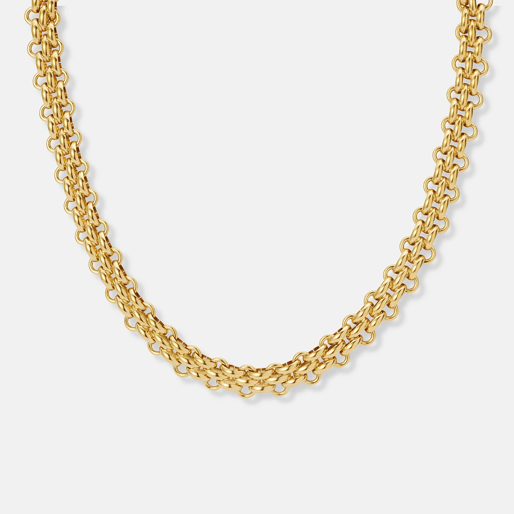 Guldpläterat stålhalsband, tre rader länkar - 40+5cm