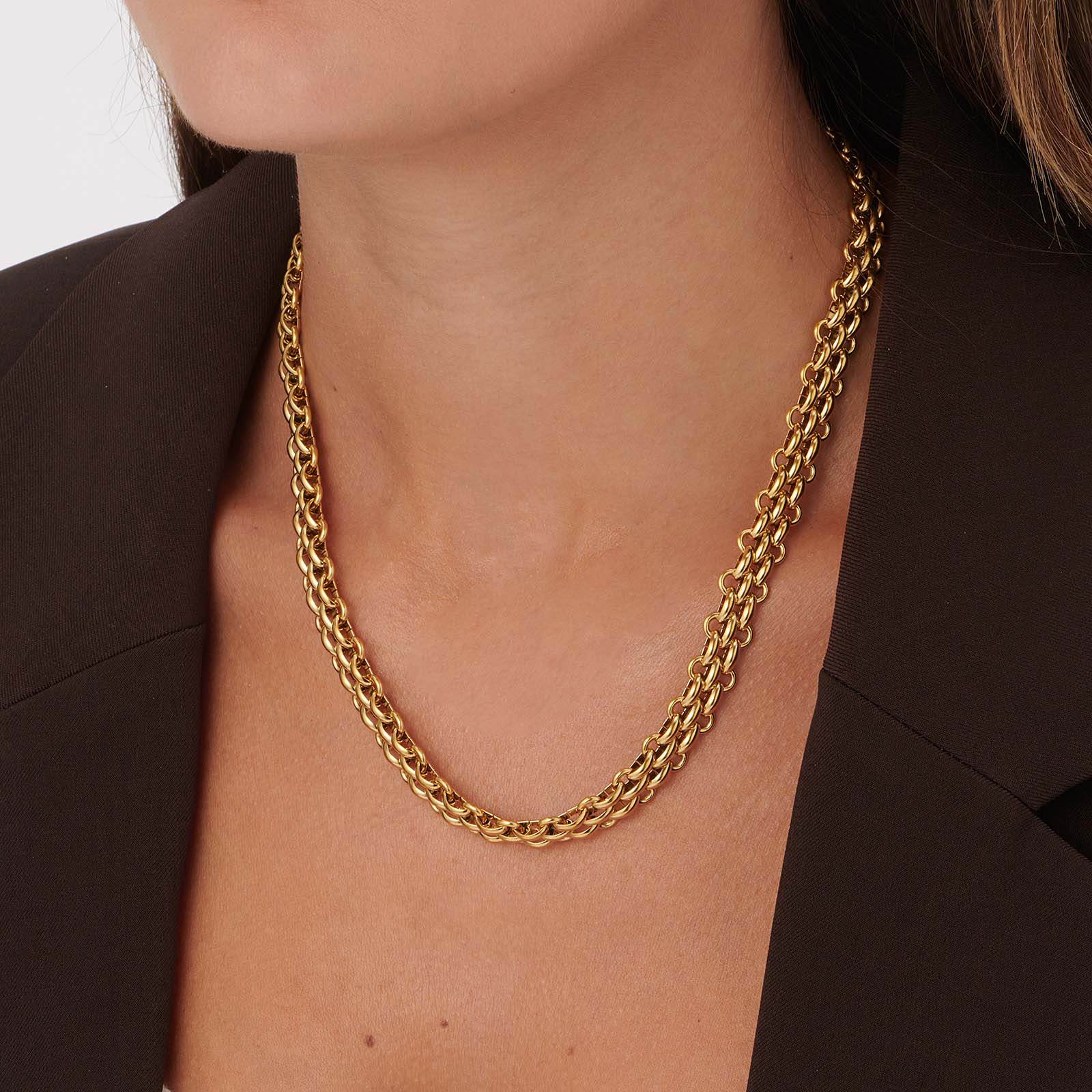 Guldpläterat stålhalsband, tre rader länkar - 40+5cm