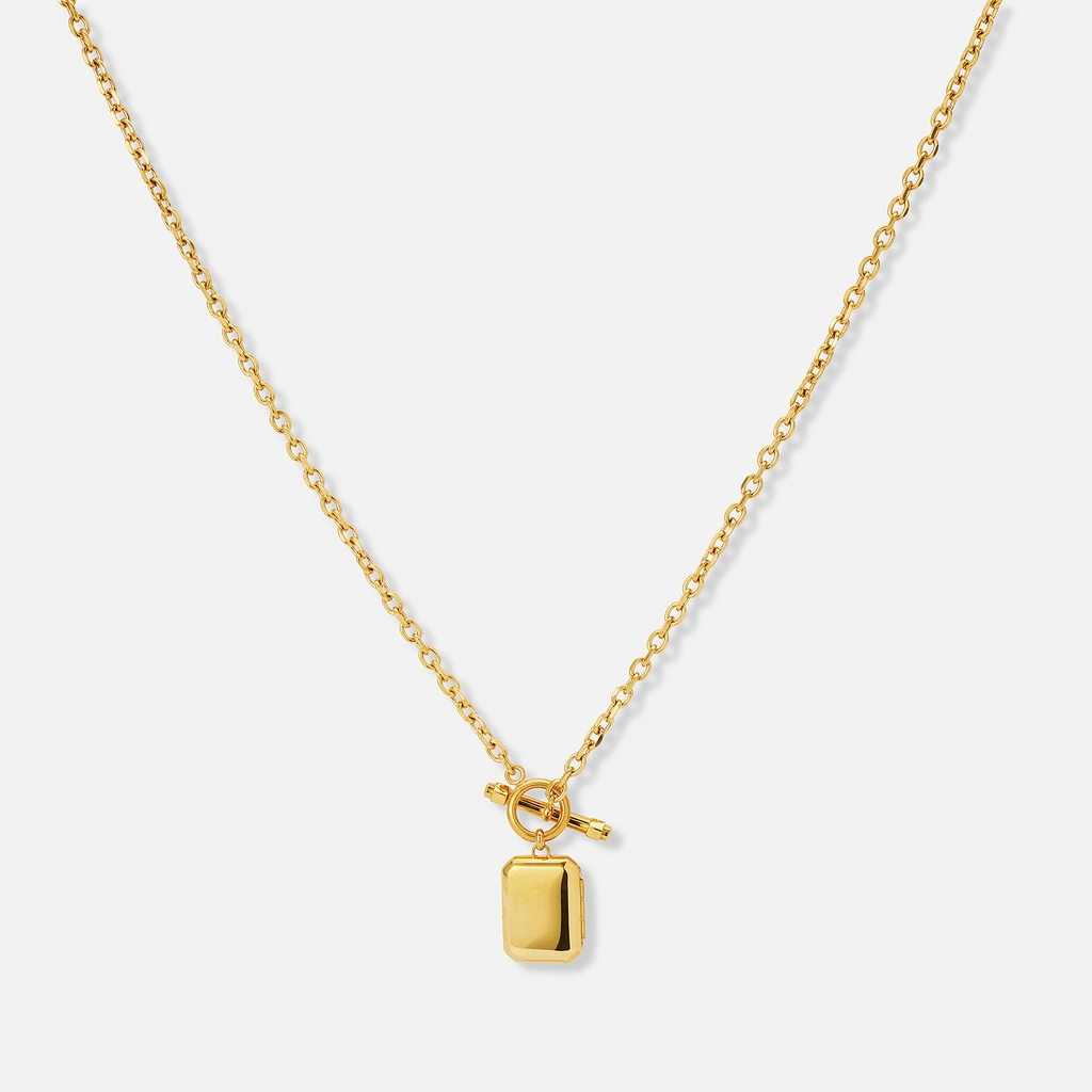 Guldpläterat stålhalsband, bricka och T-bar lås