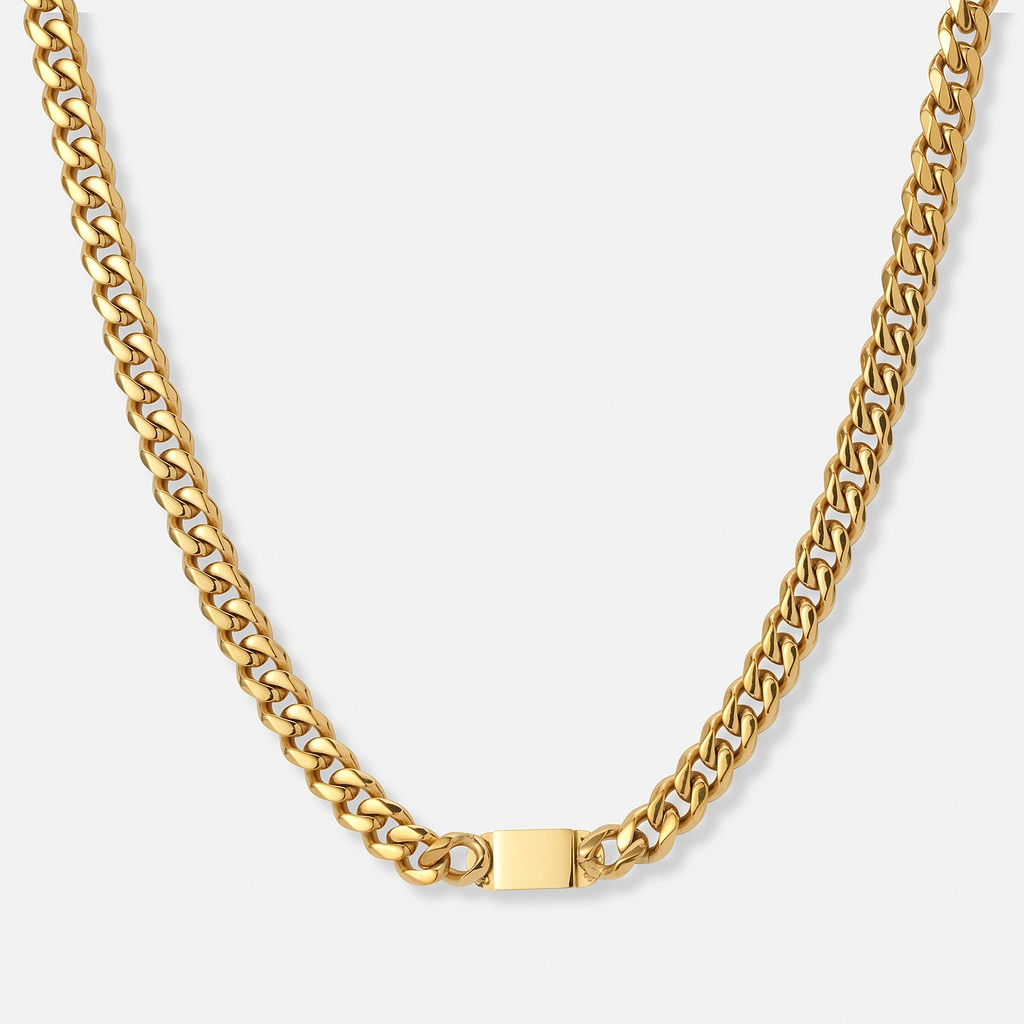 Guldpläterat stålhalsband, pansarlänk med bricka - 40+5 cm