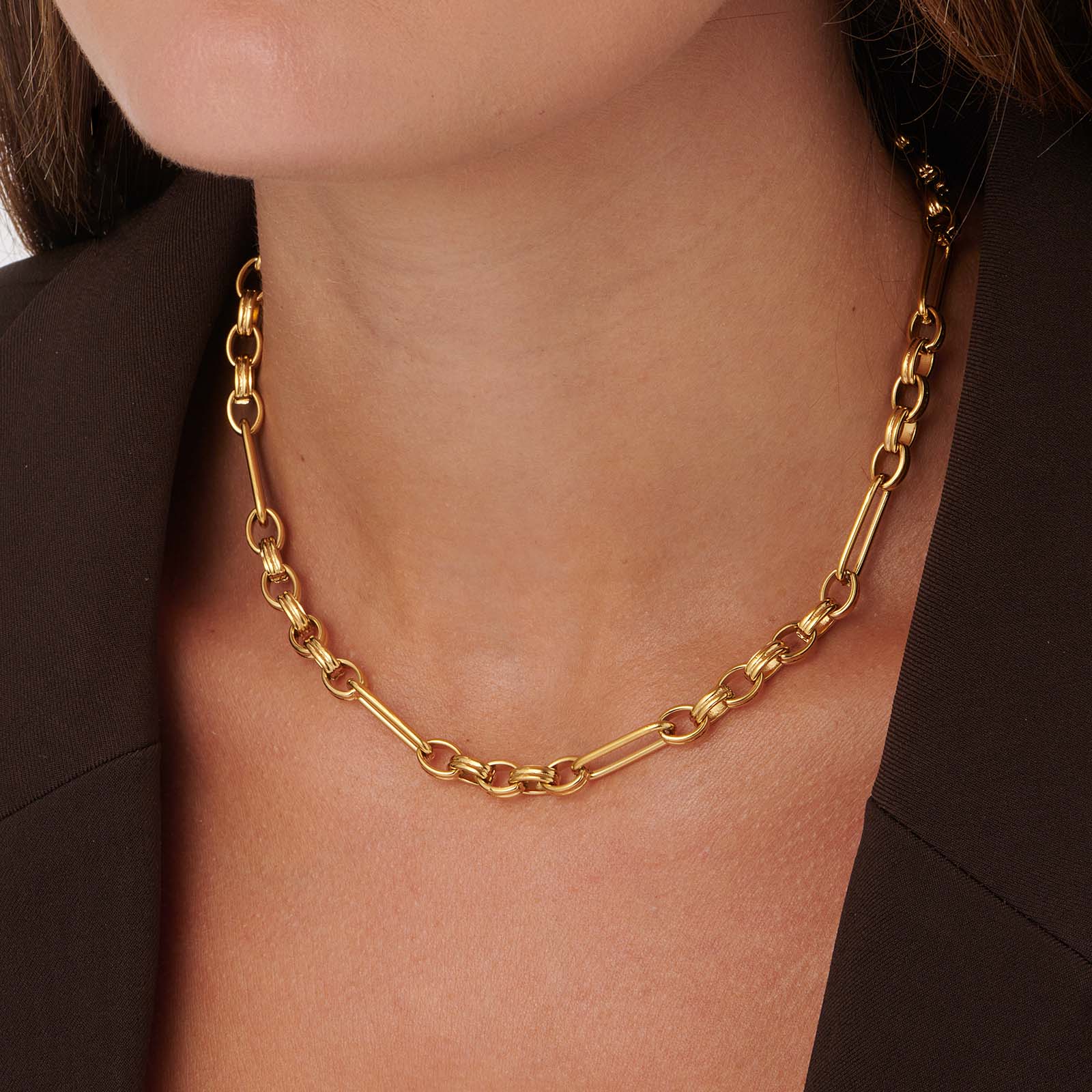 Guldpläterat stålhalsband, fantasilänk med öglor - 40+5cm