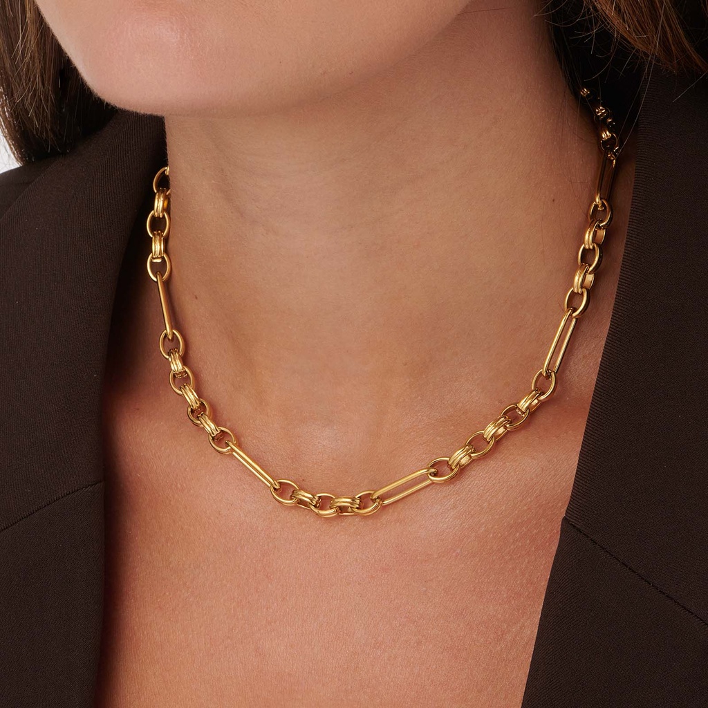 Guldpläterat stålhalsband, fantasilänk med öglor - 40+5cm