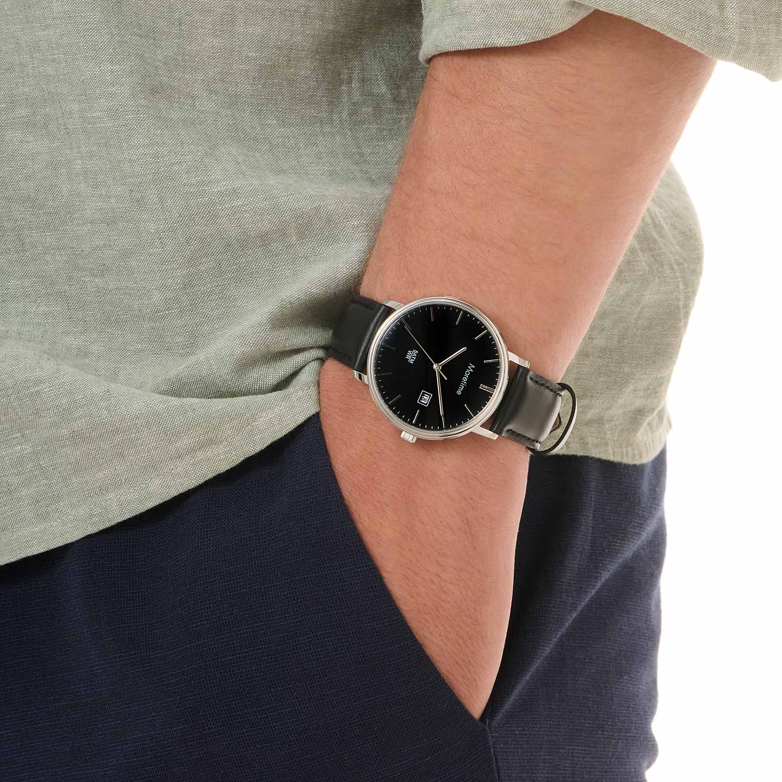 Moretime herrklocka - svart/stål, svart läderband, 40mm