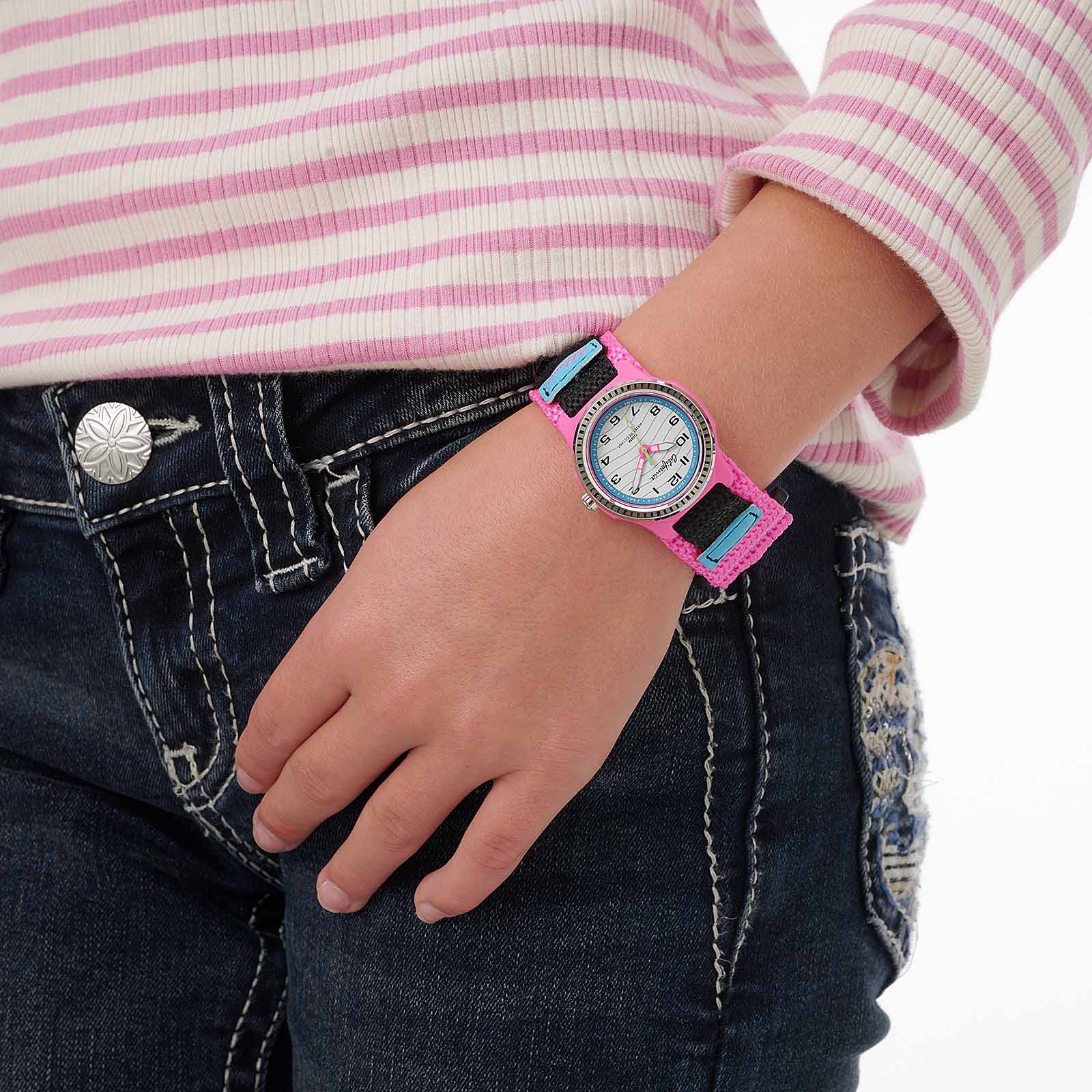 California barnklocka kardborreband, rosa/vit 35 mm