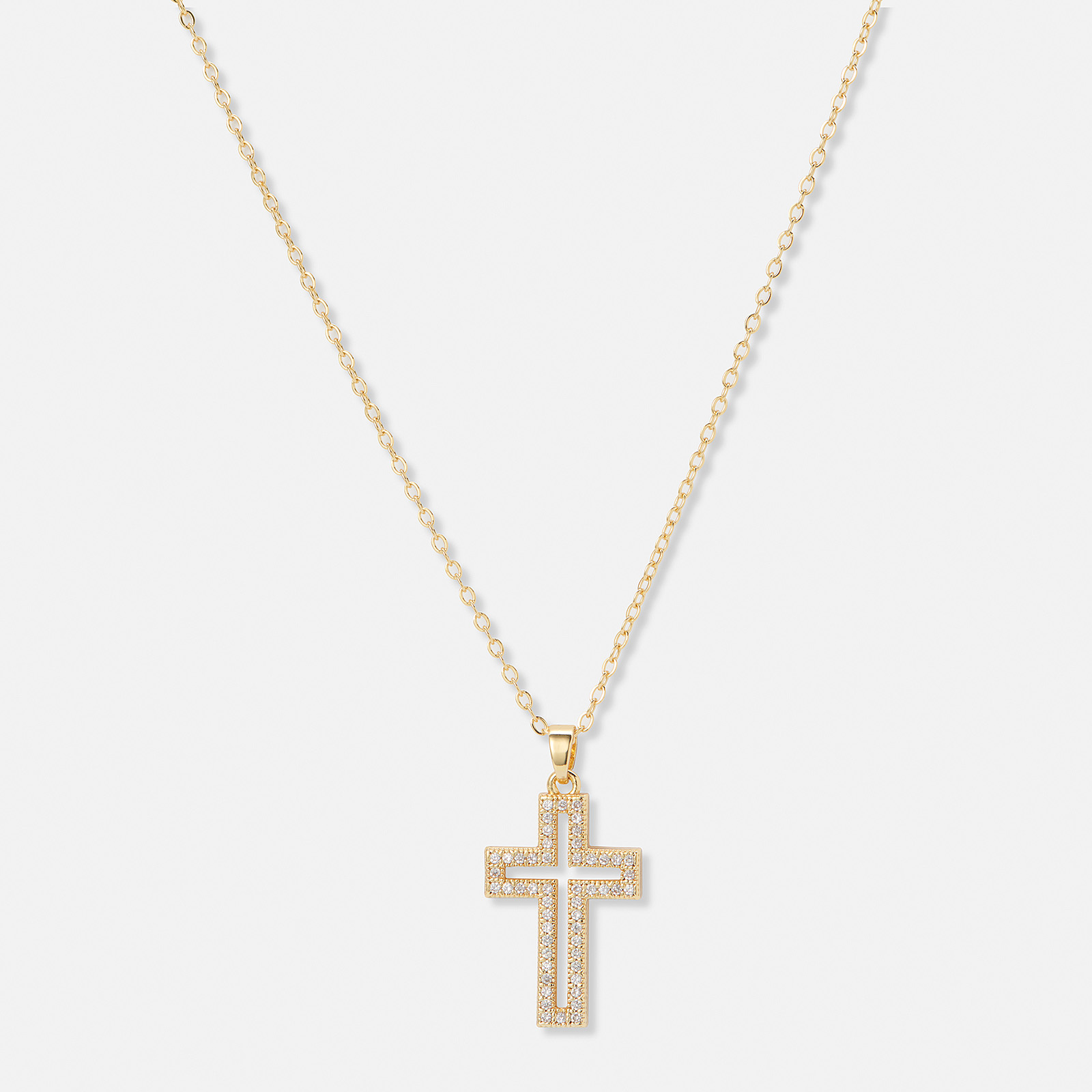 Guldfärgat halsband, kors med vita stenar - 39+5 cm Guldfärgat halsband, kors med vita stenar - 39+5 cm