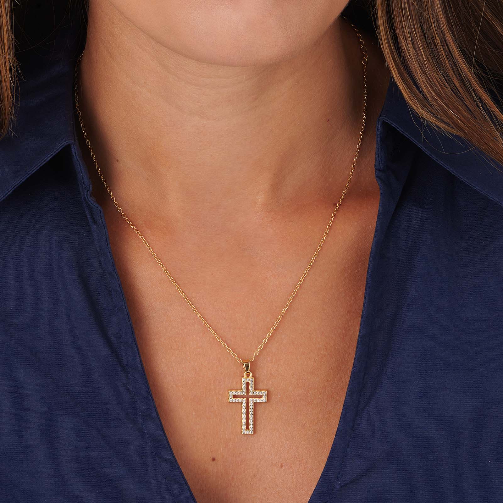 Guldfärgat halsband, kors med vita stenar - 39+5 cm