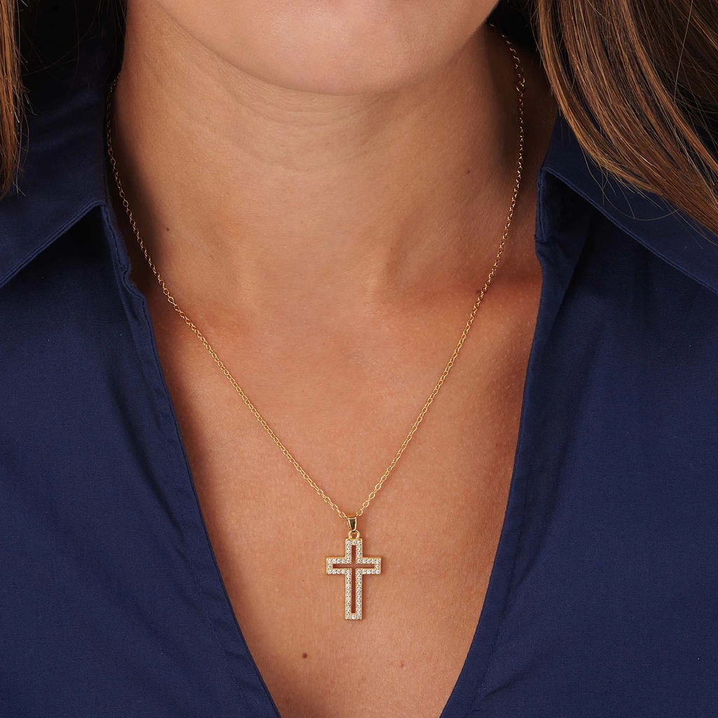 Guldfärgat halsband, kors med vita stenar - 39+5 cm