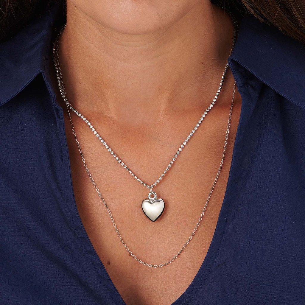 Tvåradigt silverfärgat halsband, tennishalsband  och hjärthänge - 50-66+5cm