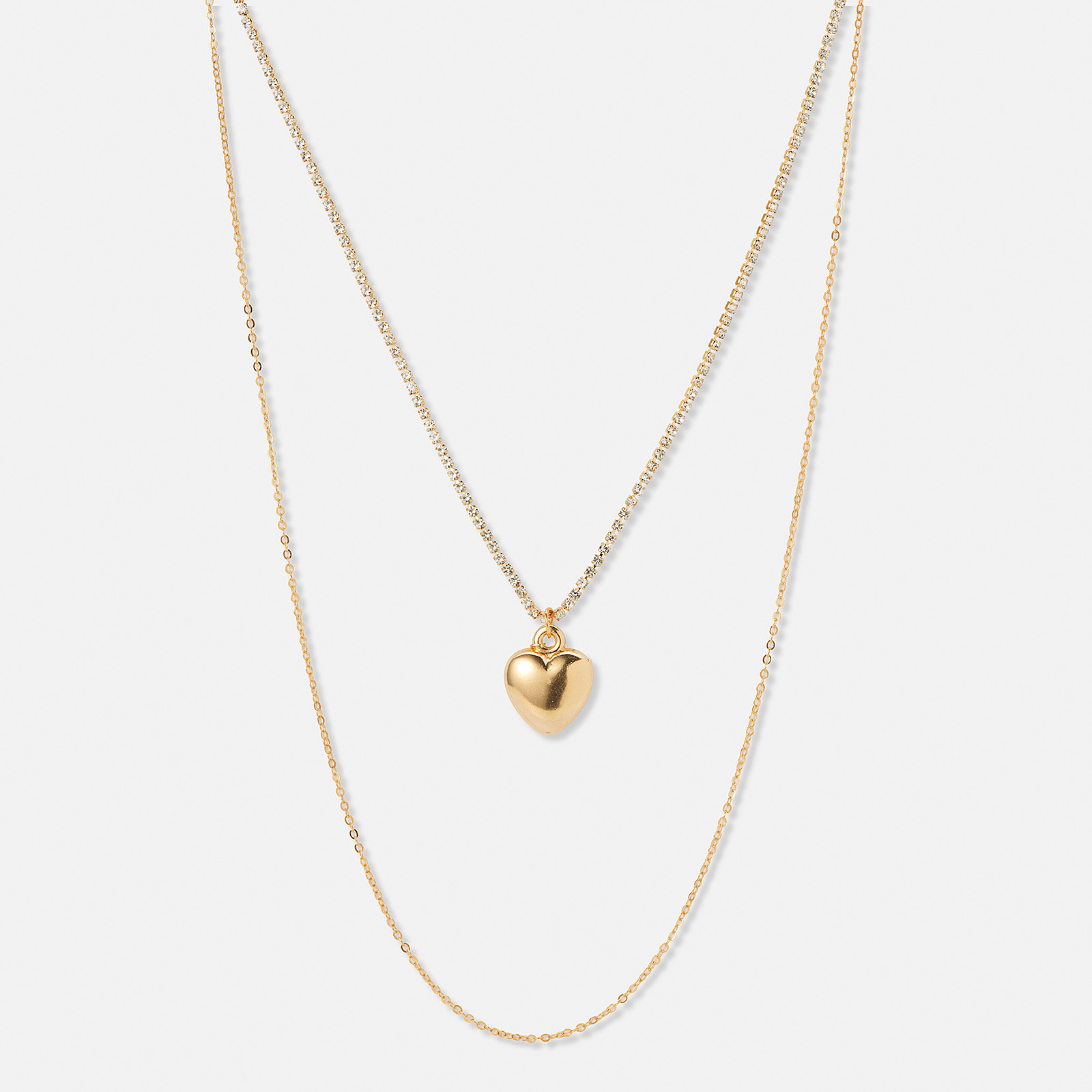 Tvåradigt guldfärgat halsband, tennishalsband och hjärthänge - 50-66+5cm