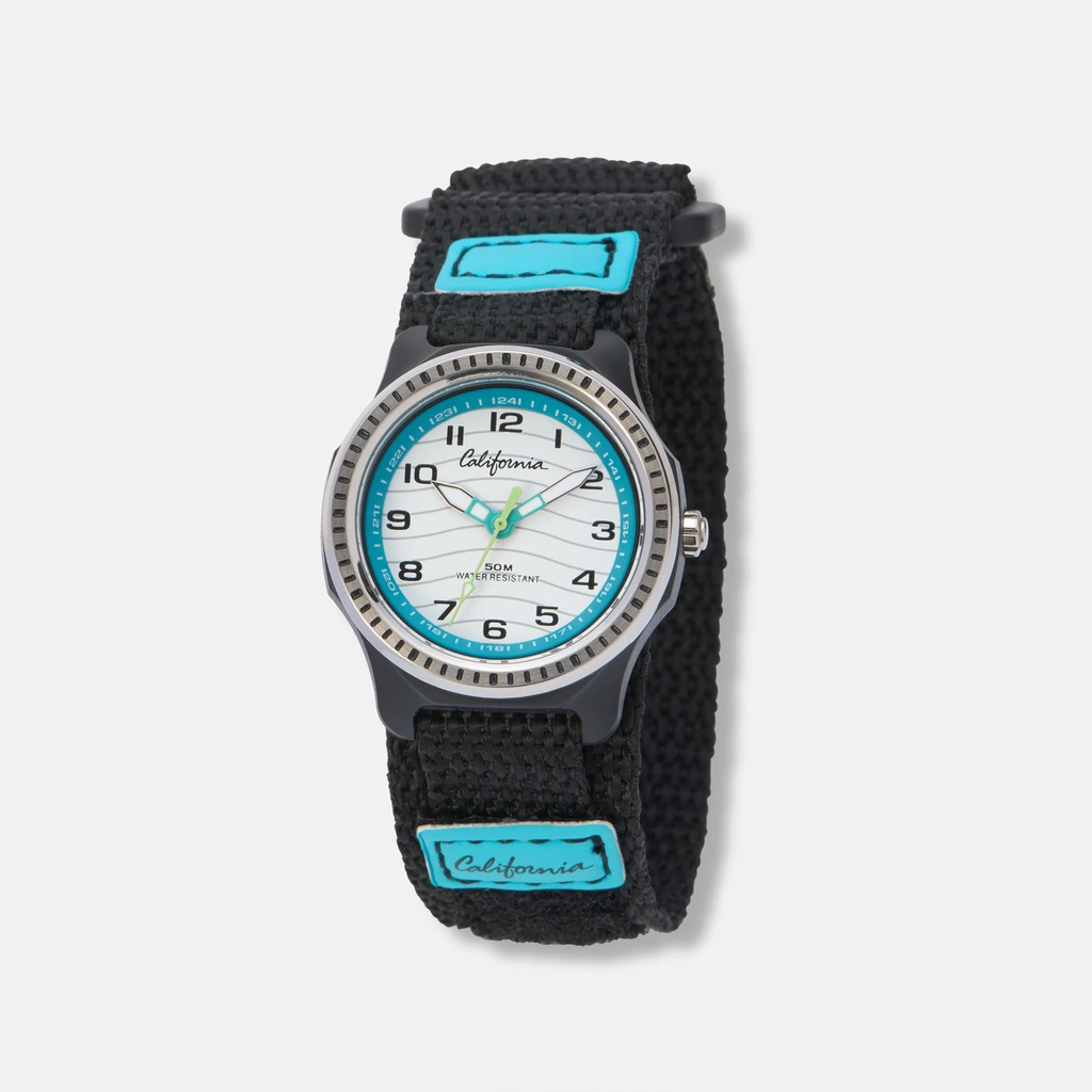 California barnklocka kardborreband, turkos/vit 35 mm