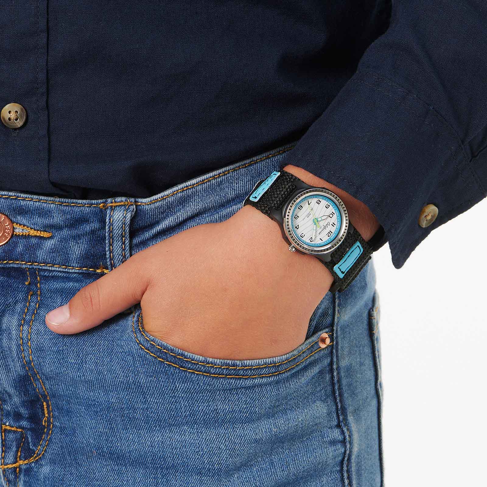 California barnklocka kardborreband, turkos/vit 35 mm