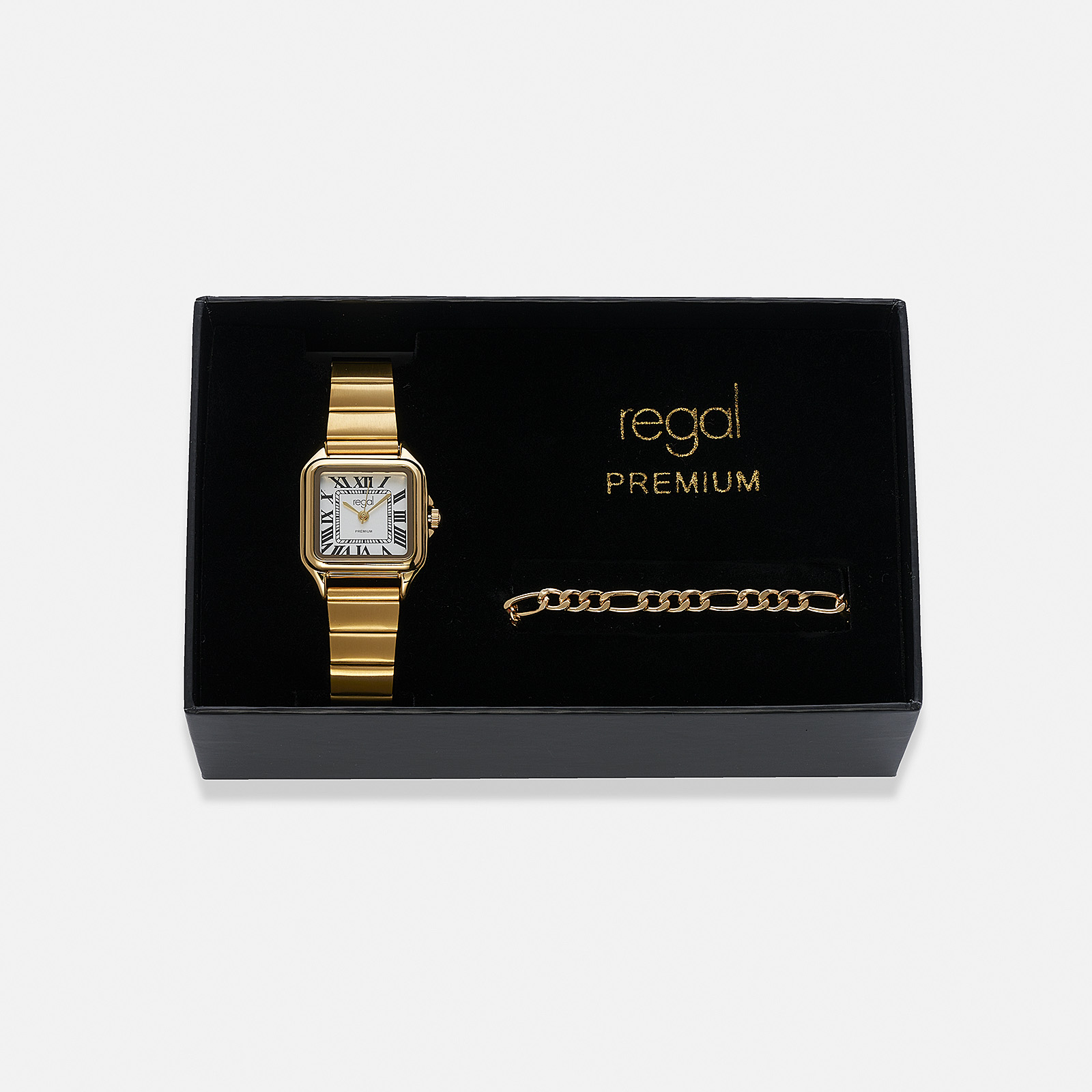 Regal klockset dam, fyrkantig, vit/guld - 25x25 mm