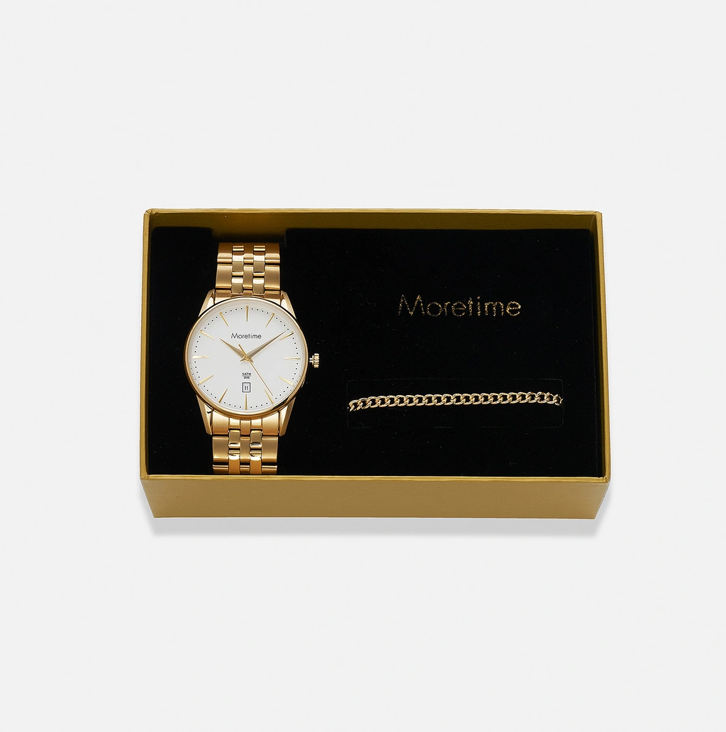 Moretime klockset herr, metall, guld/vit - 38 mm