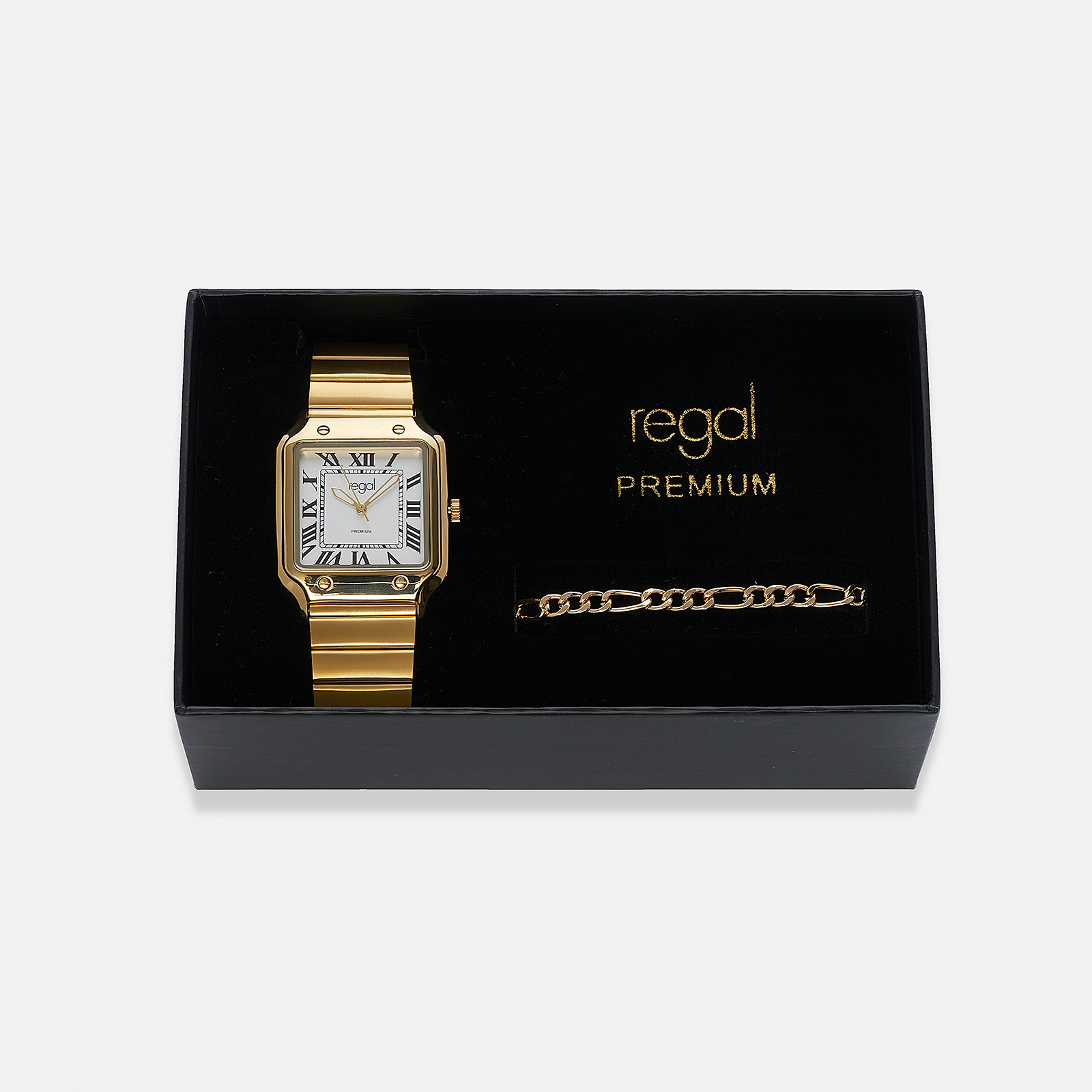 Regal klockset herr, fyrkantig, vit/guld - 33x33 mm