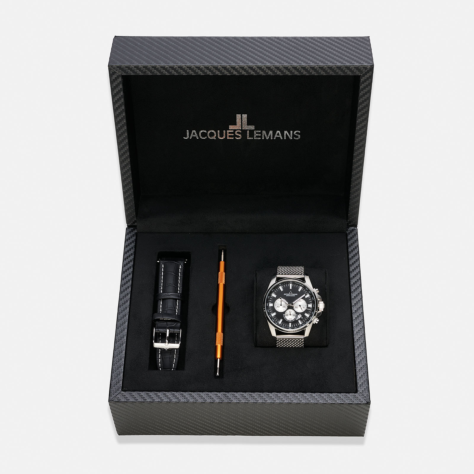 Jacques Lemans Liverpool herrklocka - set svart/stål, 44 mm Jacques Lemans Liverpool herrklocka - set svart/stål, 44 mm