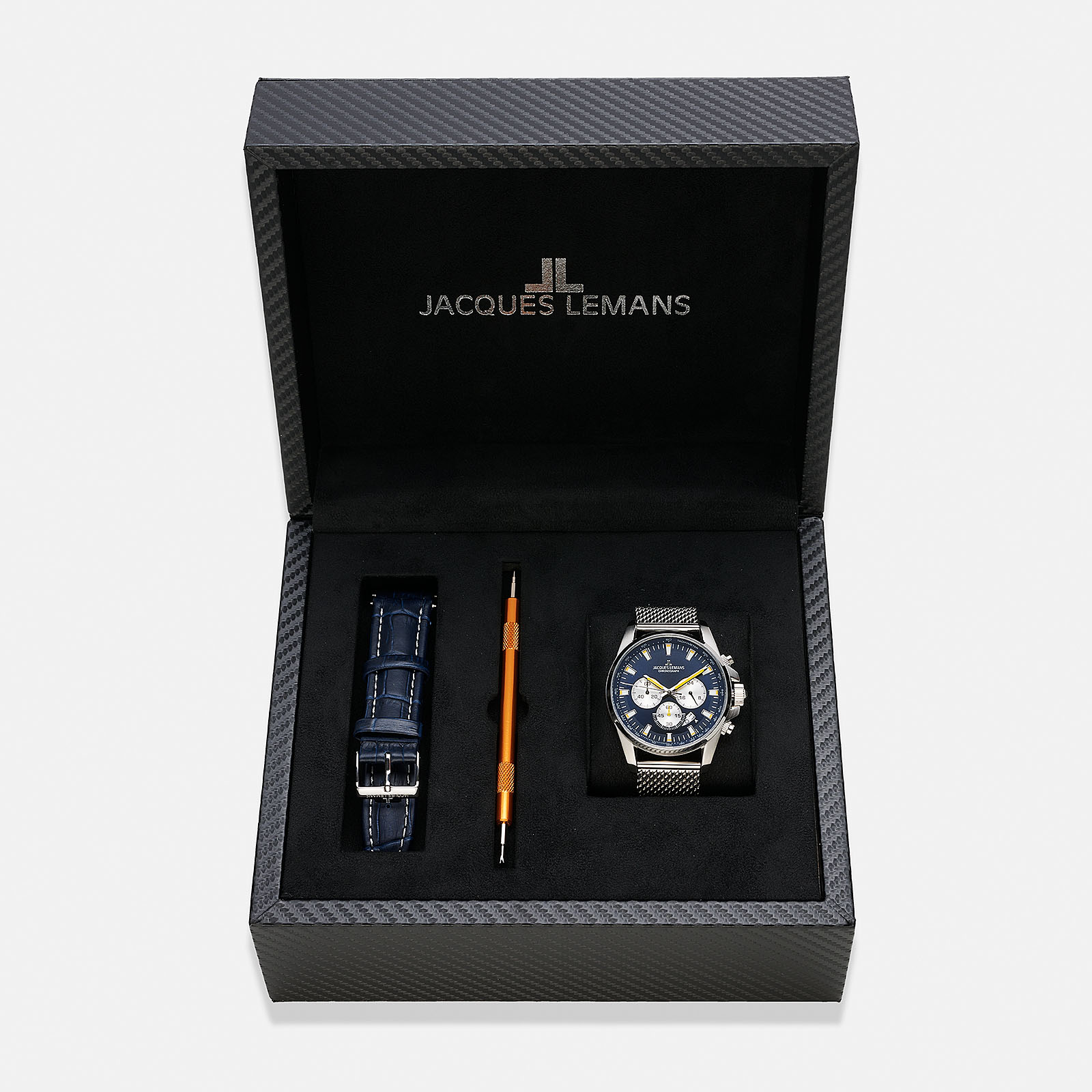 Jacques Lemans Liverpool herrklocka - set blå/stål, 44 mm Jacques Lemans Liverpool herrklocka - set blå/stål, 44 mm