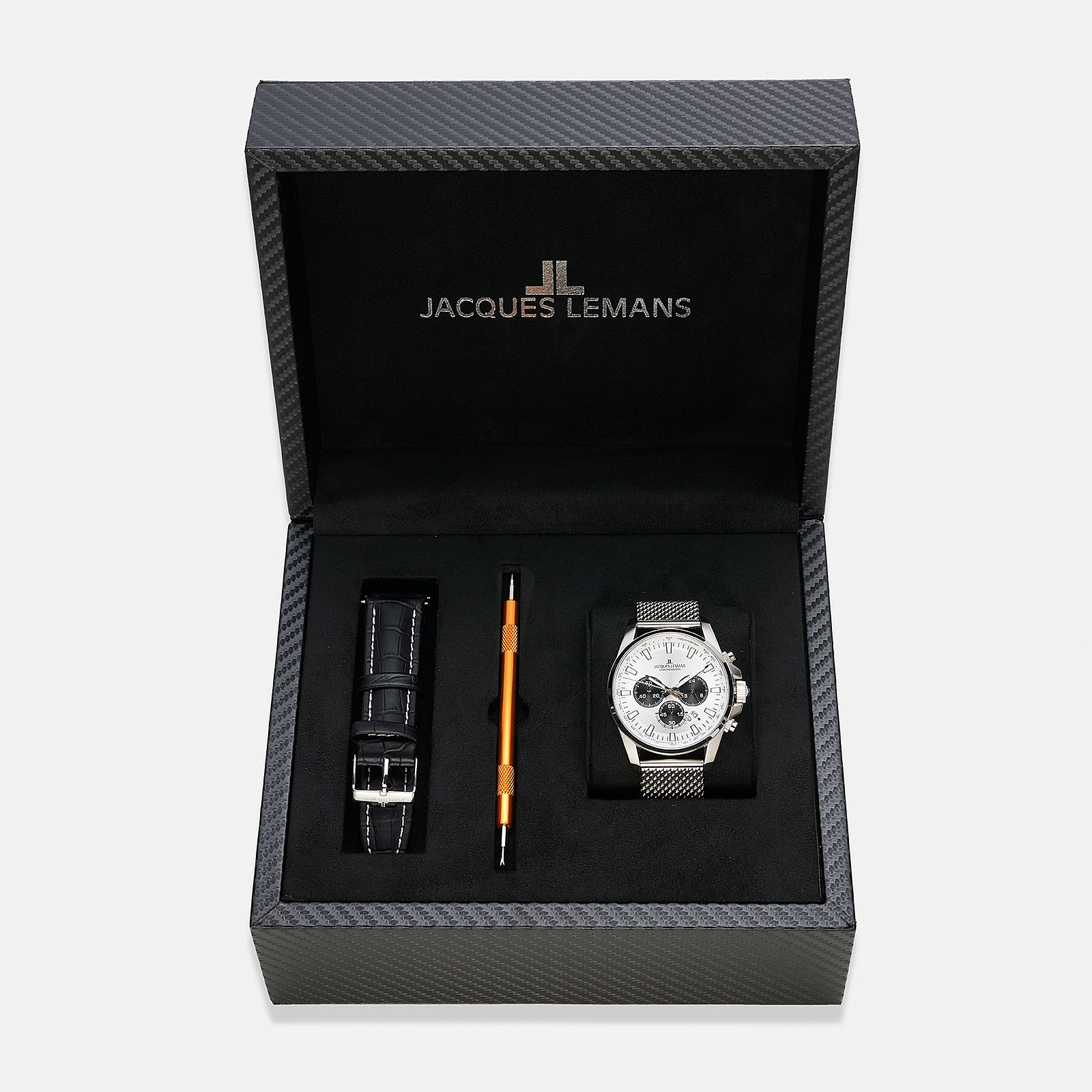 Jacques Lemans Liverpool herrklocka - set vit/stål, 44 mm Jacques Lemans Liverpool herrklocka - set vit/stål, 44 mm