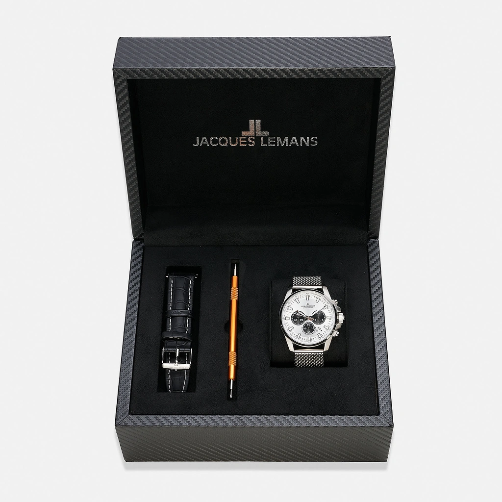 Jacques Lemans Liverpool herrklocka - set vit/stål, 44 mm