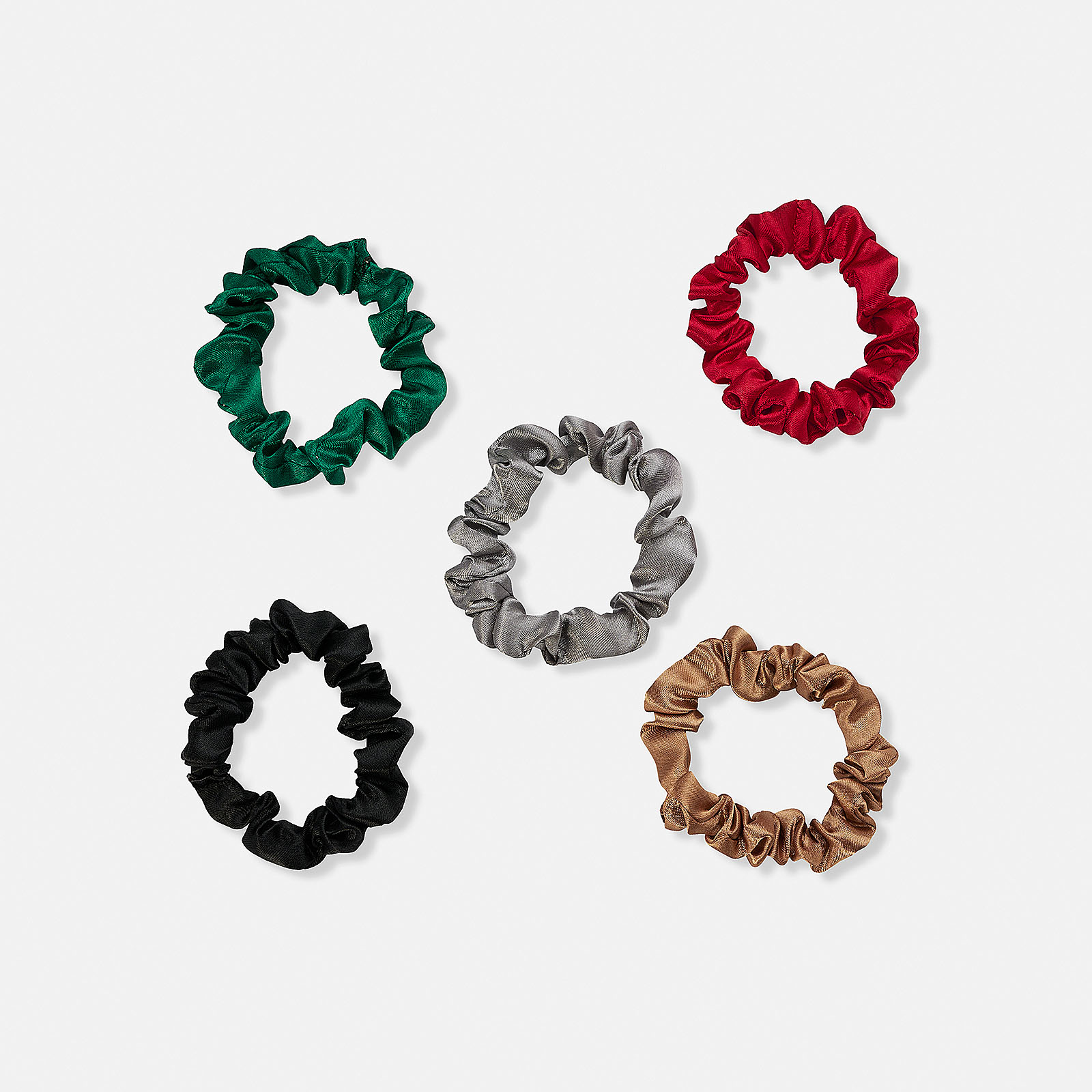 Presentförpackning med fem scrungies röd/grön