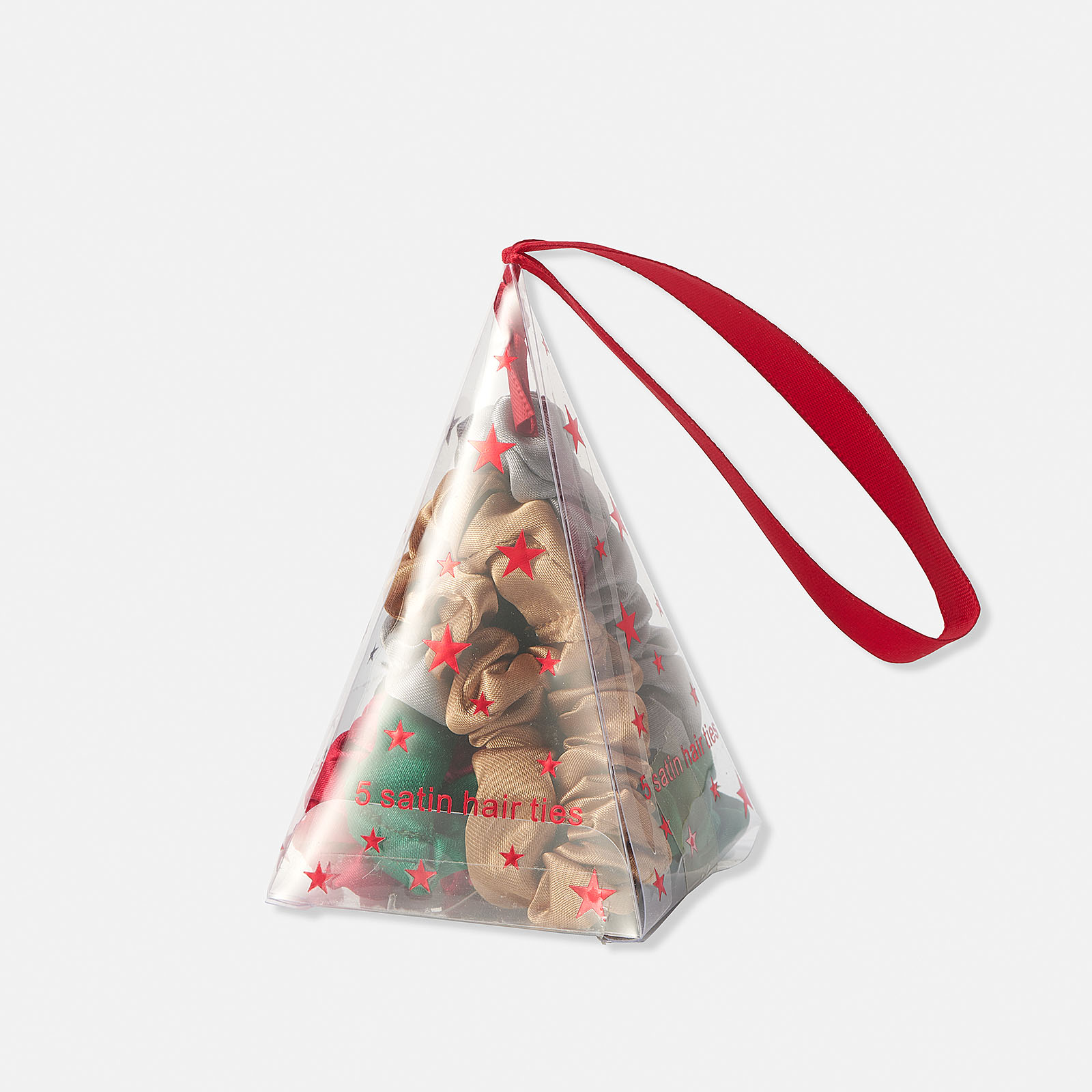 Presentförpackning med fem scrungies röd/grön